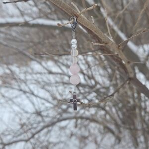 Elegant Rose Quartz Beaded Cross Charm Keychain
